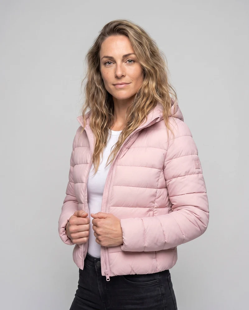 Damen kurz geschnittene ultraleichte gepolsterte Jacke mit Kapuze, Packfunktion und thermischer Isolation