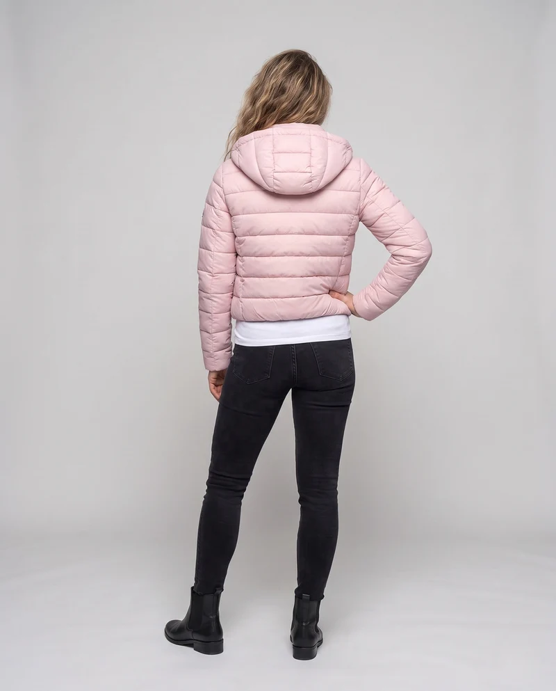 Damen kurz geschnittene ultraleichte gepolsterte Jacke mit Kapuze, Packfunktion und thermischer Isolation
