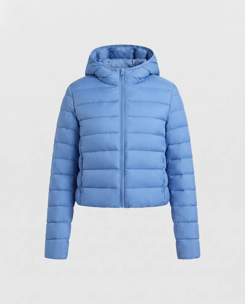 Damen kurz geschnittene ultraleichte gepolsterte Jacke mit Kapuze, Packfunktion und thermischer Isolation
