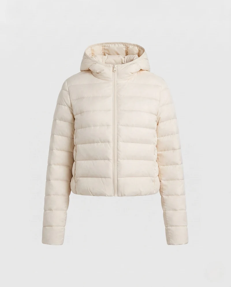 Damen kurz geschnittene ultraleichte gepolsterte Jacke mit Kapuze, Packfunktion und thermischer Isolation