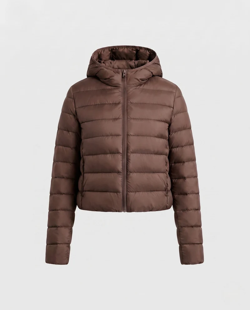 Damen kurz geschnittene ultraleichte gepolsterte Jacke mit Kapuze, Packfunktion und thermischer Isolation