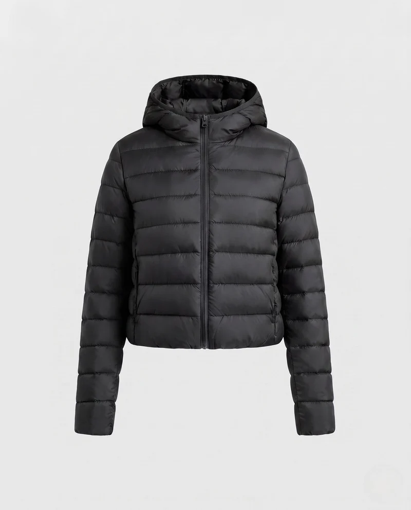 Damen kurz geschnittene ultraleichte gepolsterte Jacke mit Kapuze, Packfunktion und thermischer Isolation