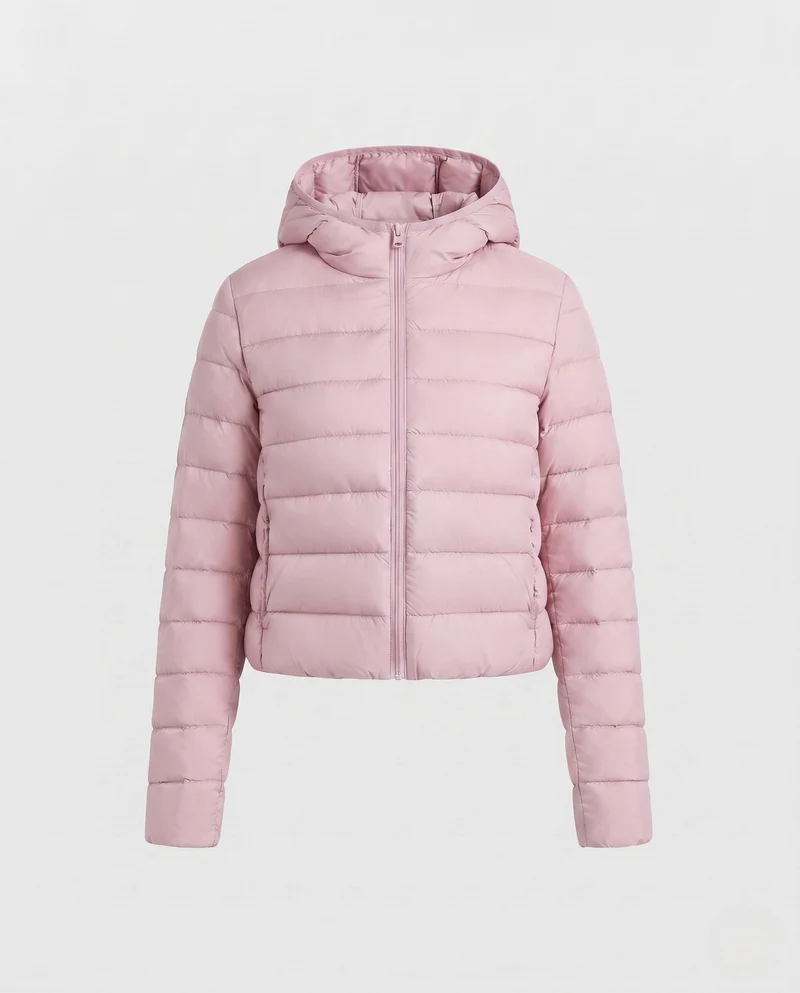 Damen kurz geschnittene ultraleichte gepolsterte Jacke mit Kapuze, Packfunktion und thermischer Isolation