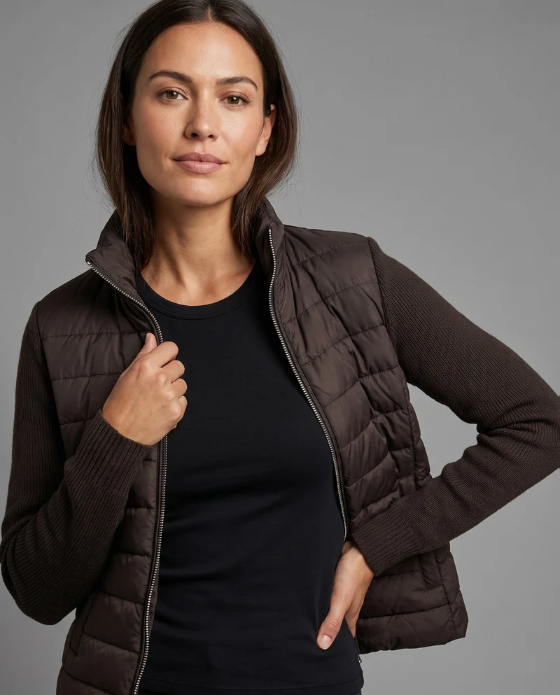 Damen kurz geschnittene hybride gesteppte Strickjacke mit gesteppter Vorderseite, gestrickten Ärmeln und hohem Stehkragen