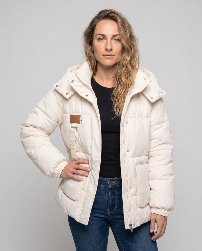 Damen kurz geschnittene oversized Winterparka mit gepolsterten Cargo-Taschen und Stehkragen mit hoher Verschlussleiste