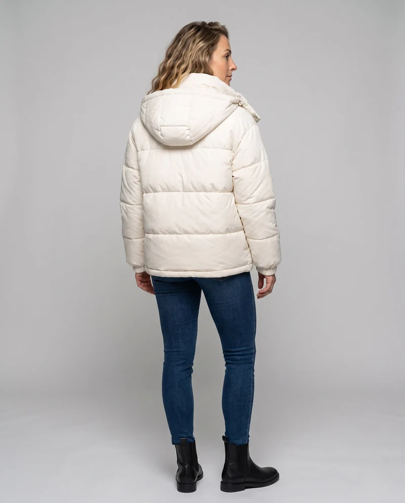 Damen kurz geschnittene oversized Winterparka mit gepolsterten Cargo-Taschen und Stehkragen mit hoher Verschlussleiste