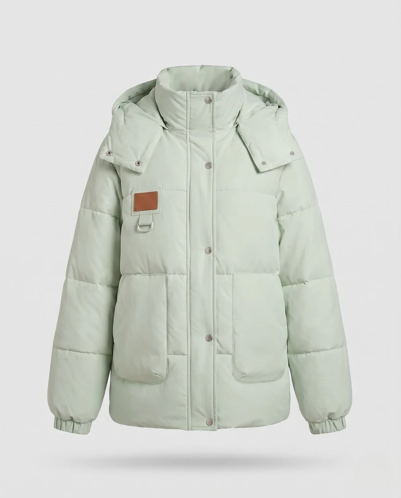 Damen kurz geschnittene oversized Winterparka mit gepolsterten Cargo-Taschen und Stehkragen mit hoher Verschlussleiste