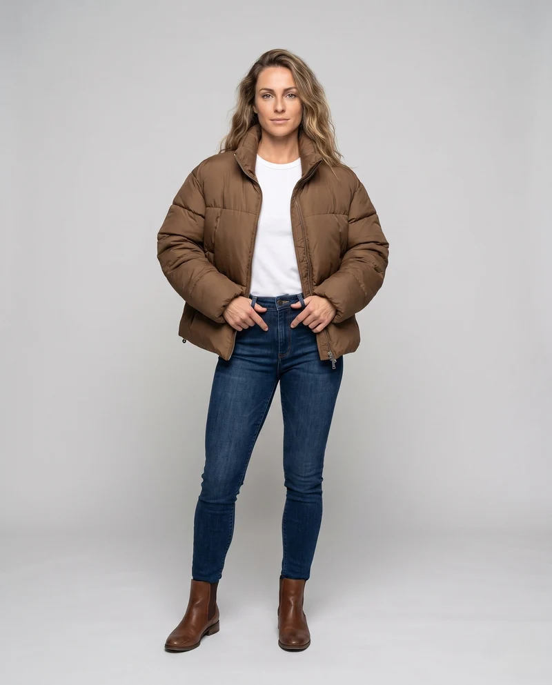 Frauen nan kurz geschnittene gepolsterte Kurzpufferjacke mit hohem Stehkragen und glänzender Mikrofaseroberfläche