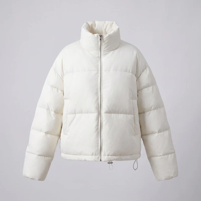 Frauen nan kurz geschnittene gepolsterte Kurzpufferjacke mit hohem Stehkragen und glänzender Mikrofaseroberfläche