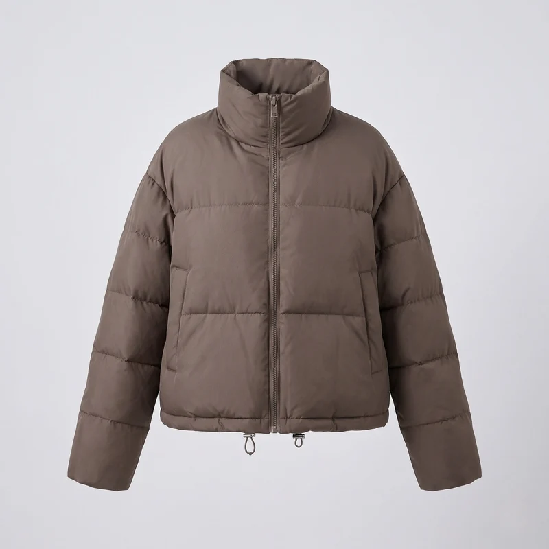 Frauen nan kurz geschnittene gepolsterte Kurzpufferjacke mit hohem Stehkragen und glänzender Mikrofaseroberfläche
