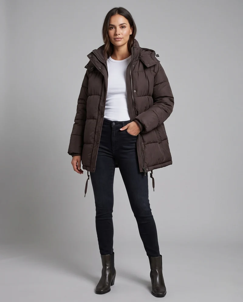 Damen kurze gepolsterte Winterjacke mit hohem Stehkragen und verdeckter Knopfleiste
