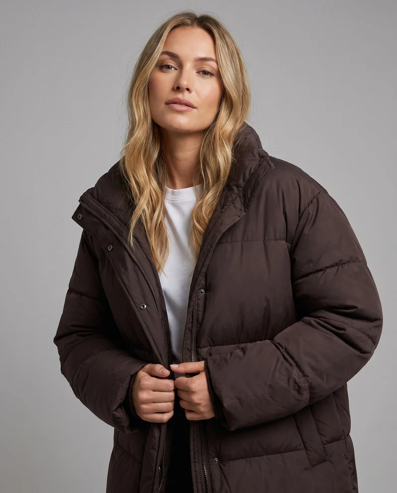 Damen kurze gepolsterte Winterjacke mit hohem Stehkragen und verdeckter Knopfleiste