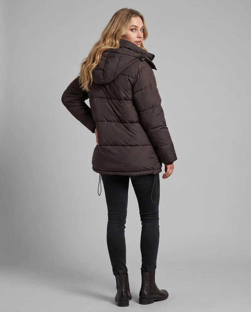 Damen kurze gepolsterte Winterjacke mit hohem Stehkragen und verdeckter Knopfleiste