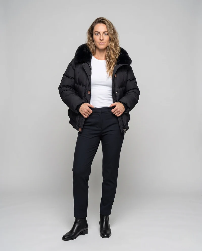 Damen kurze boxy gesteppte Jacke mit abnehmbarem Kunstfellbesatz, hohem Kragen und verdecktem Druckknopf und Reißverschluss