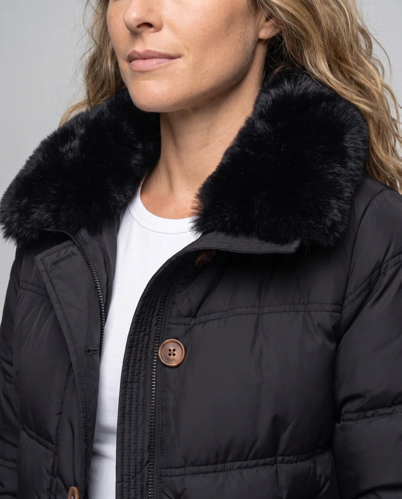 Damen kurze boxy gesteppte Jacke mit abnehmbarem Kunstfellbesatz, hohem Kragen und verdecktem Druckknopf und Reißverschluss