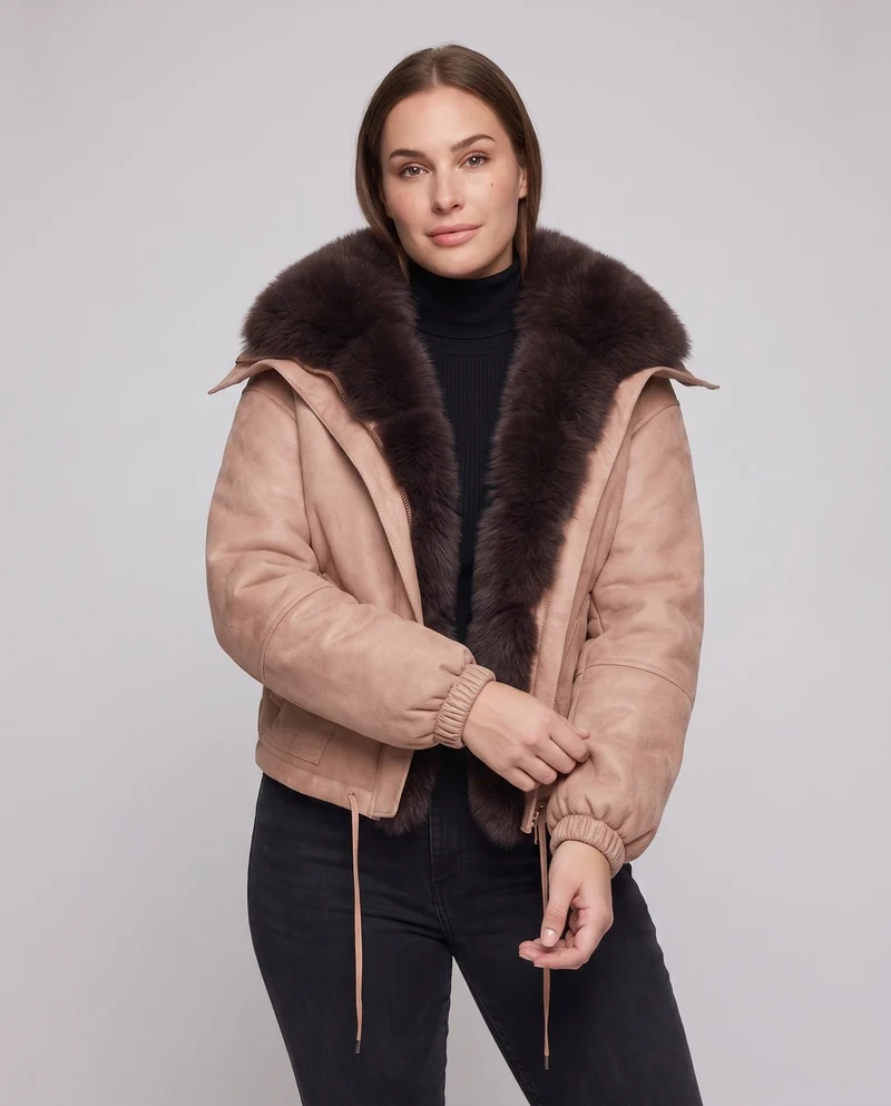Damen Nano-Short-Flugjacke im Lammlederlook mit voluminösem Kunstfellkragen und Kordelzug