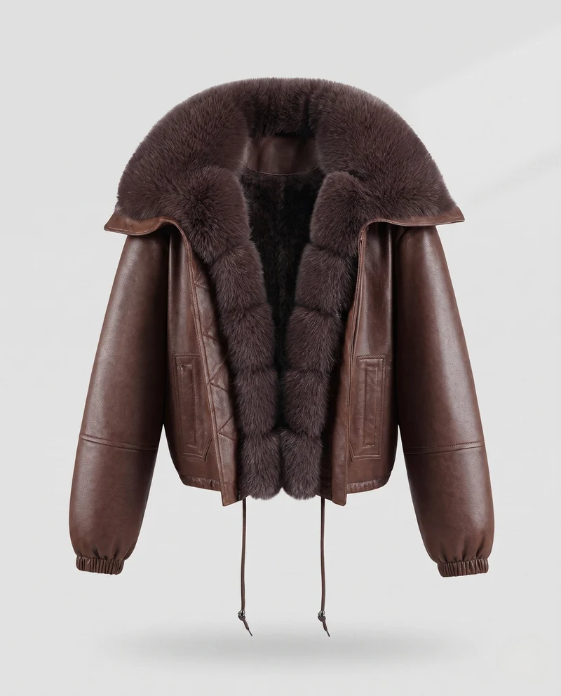 Damen Nano-Short-Flugjacke im Lammlederlook mit voluminösem Kunstfellkragen und Kordelzug