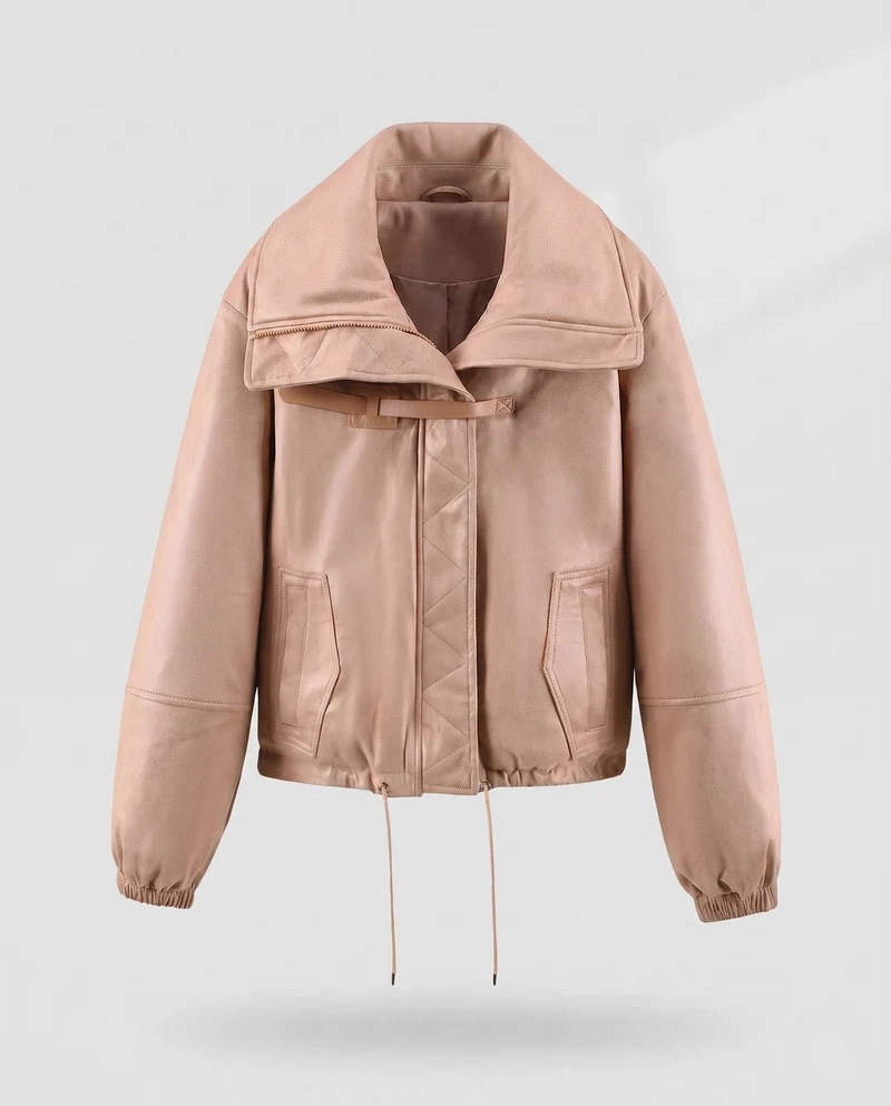 Damen Nano-Short-Flugjacke im Lammlederlook mit voluminösem Kunstfellkragen und Kordelzug