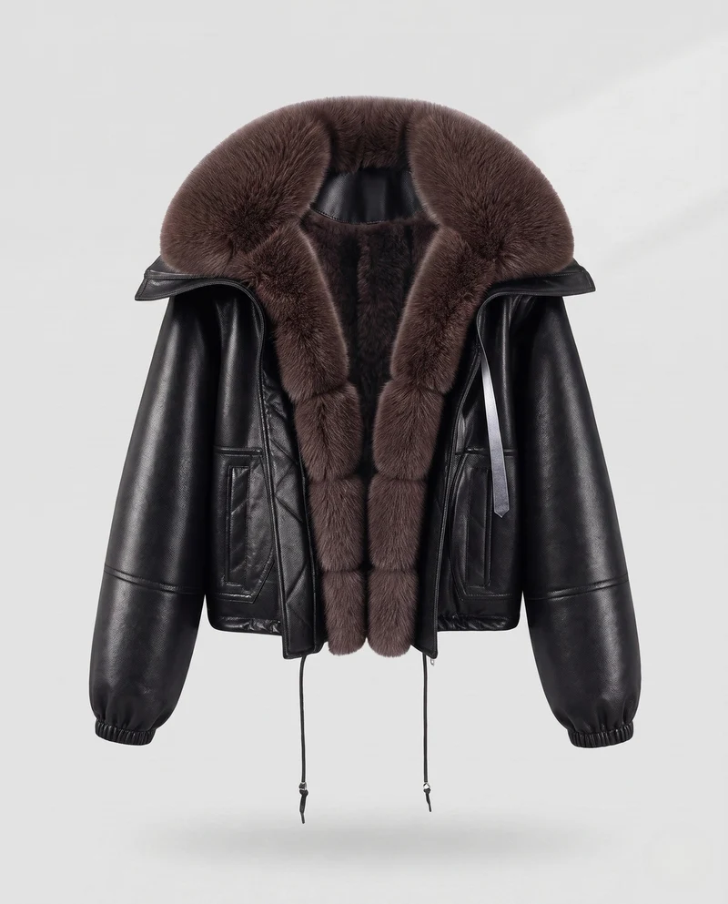 Damen Nano-Short-Flugjacke im Lammlederlook mit voluminösem Kunstfellkragen und Kordelzug