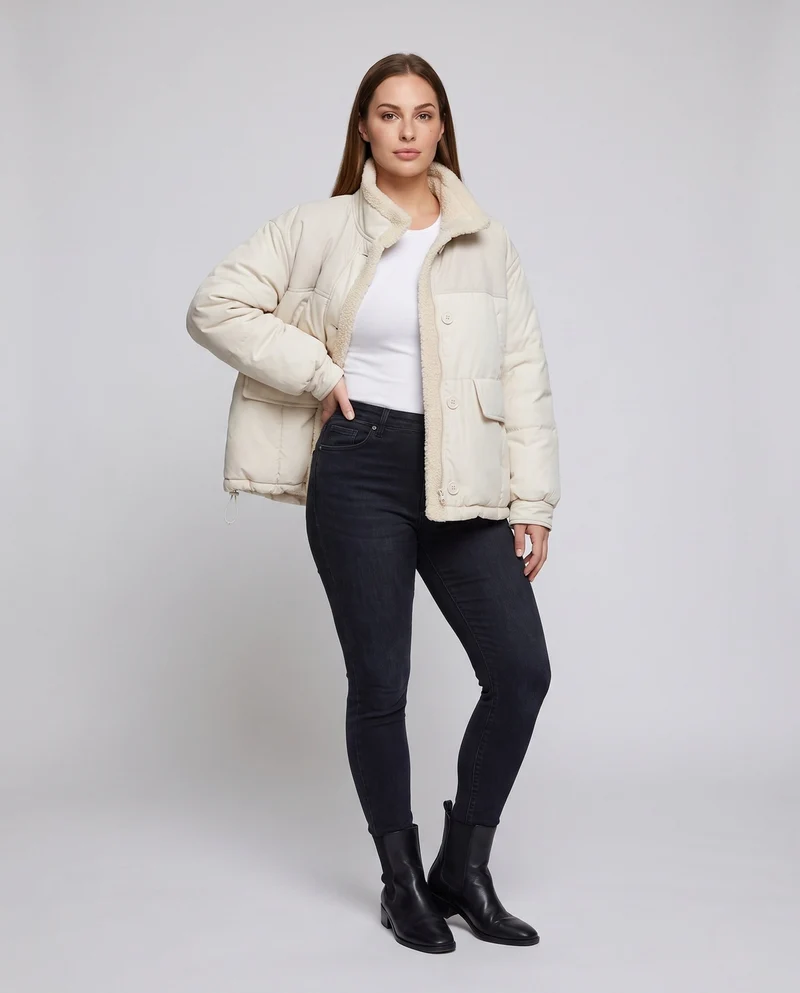 Damen kurze gesteppte Bomberjacke mit Teddyfutter, Kunstleder-Frontpaneelen und aufgesetzten Taschen