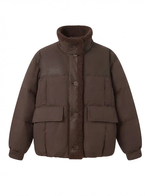 Damen kurze gesteppte Bomberjacke mit Teddyfutter, Kunstleder-Frontpaneelen und aufgesetzten Taschen