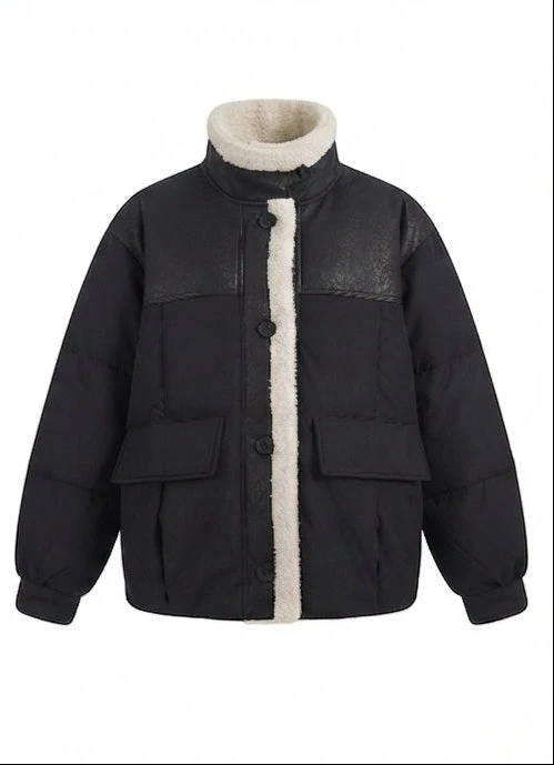 Damen kurze gesteppte Bomberjacke mit Teddyfutter, Kunstleder-Frontpaneelen und aufgesetzten Taschen