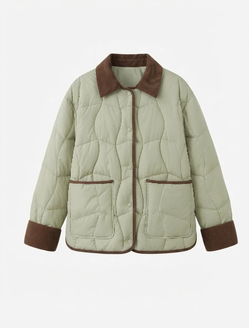 Damen kurze gesteppte Jacke mit Cordkragen, Druckknopfblende und Kontrastpaspelierung