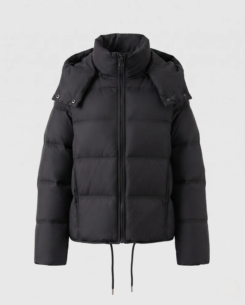 Damen kurze gesteppte Crop-Jacke mit abnehmbarem Kapuzenbesatz und Zwei-Wege-Reißverschluss