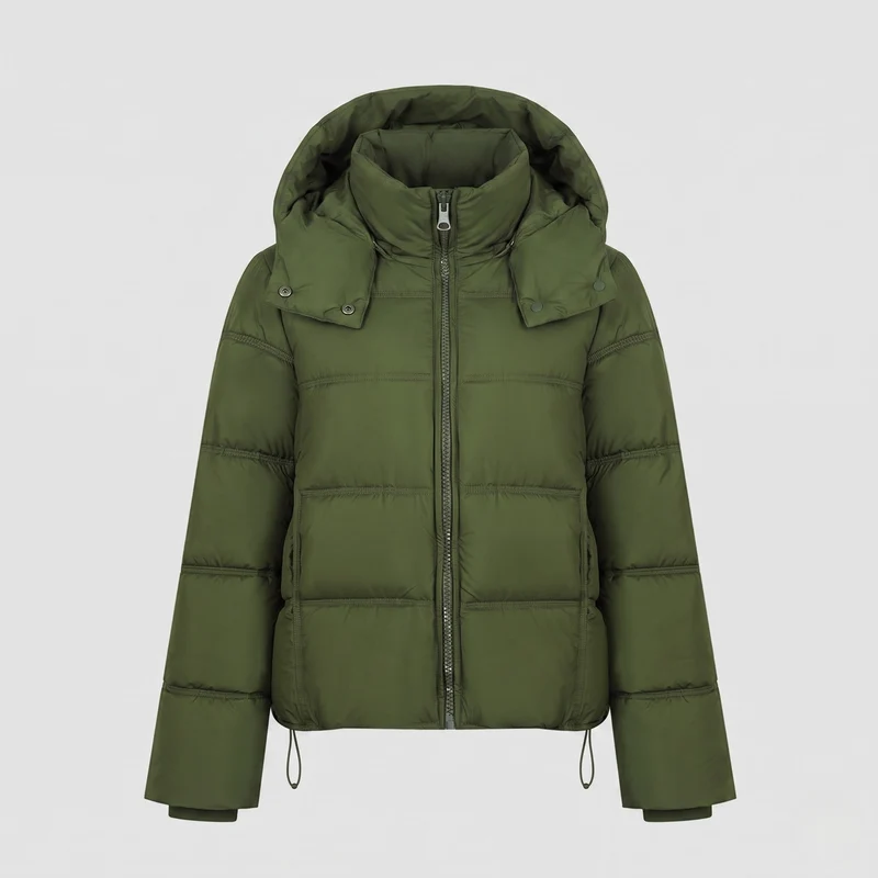 Damen kurze gesteppte Crop-Jacke mit abnehmbarem Kapuzenbesatz und Zwei-Wege-Reißverschluss