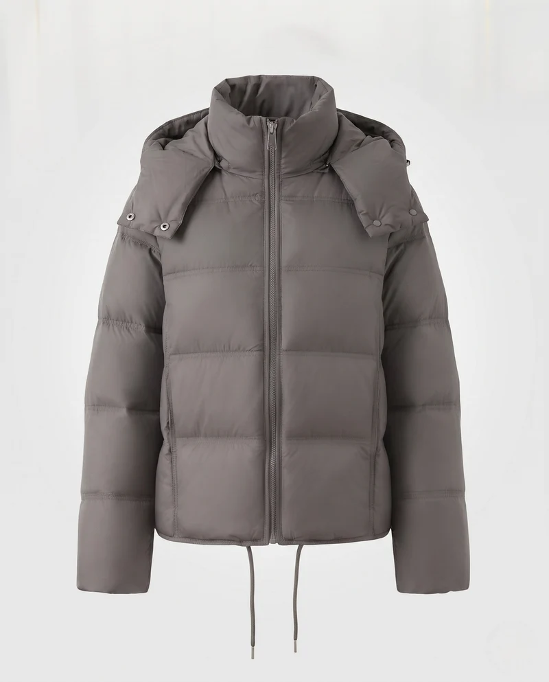 Damen kurze gesteppte Crop-Jacke mit abnehmbarem Kapuzenbesatz und Zwei-Wege-Reißverschluss