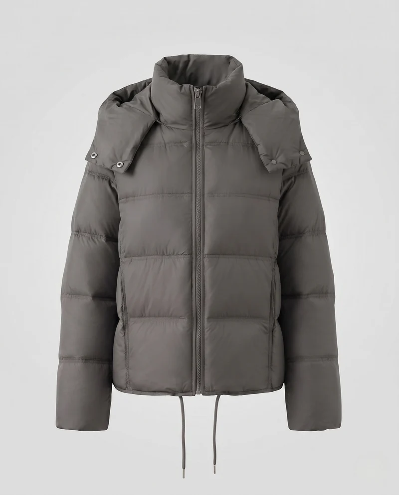 Damen kurze gesteppte Crop-Jacke mit abnehmbarem Kapuzenbesatz und Zwei-Wege-Reißverschluss