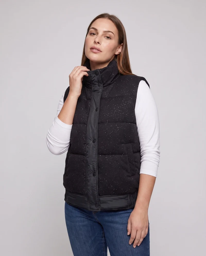 Damen kurz gesteppte Glitzer Sprühweste mit hohem Stehkragen und Lederlook-Saum
