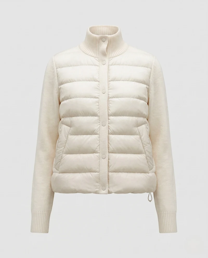 Damen kurze Stepp-Hybridjacke mit weichen Strickärmeln, Stehkragen und Druckknopfverschluss
