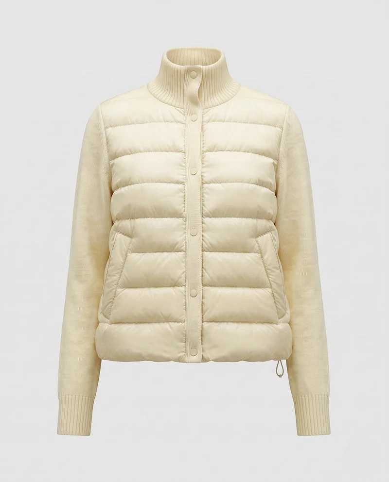 Damen kurze Stepp-Hybridjacke mit weichen Strickärmeln, Stehkragen und Druckknopfverschluss