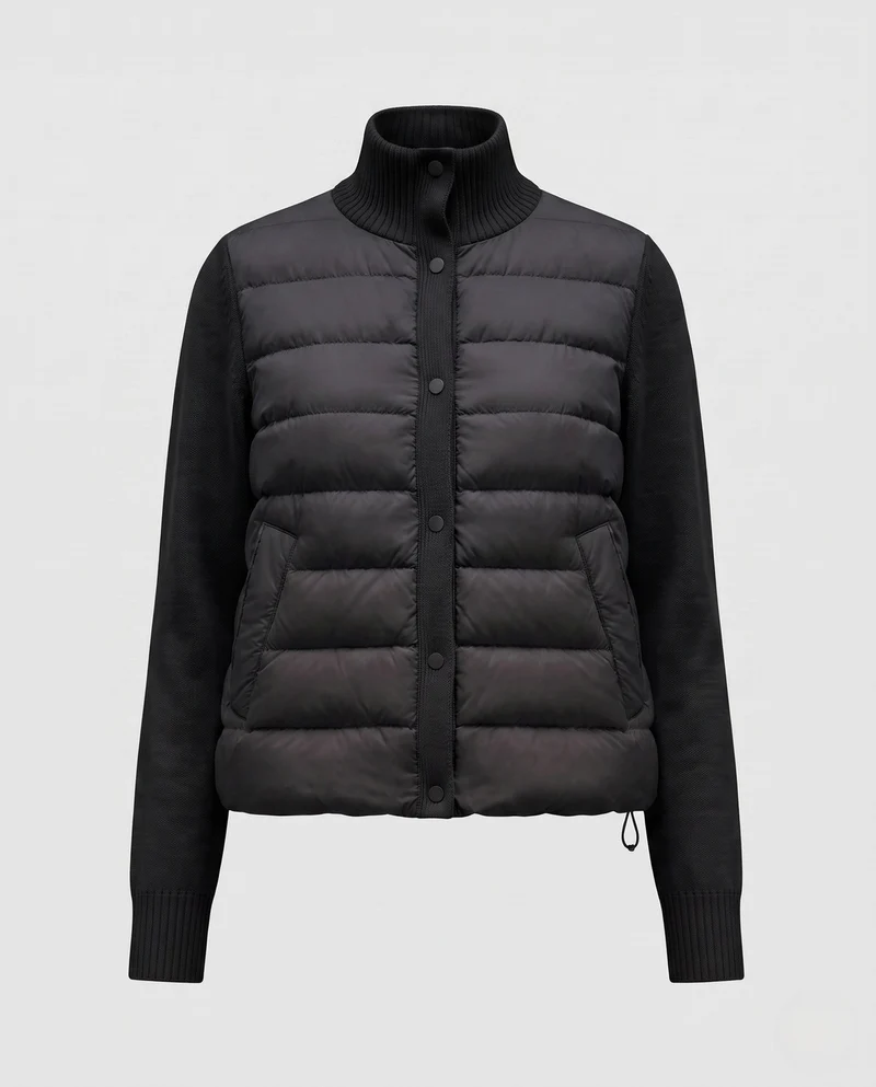Damen kurze Stepp-Hybridjacke mit weichen Strickärmeln, Stehkragen und Druckknopfverschluss