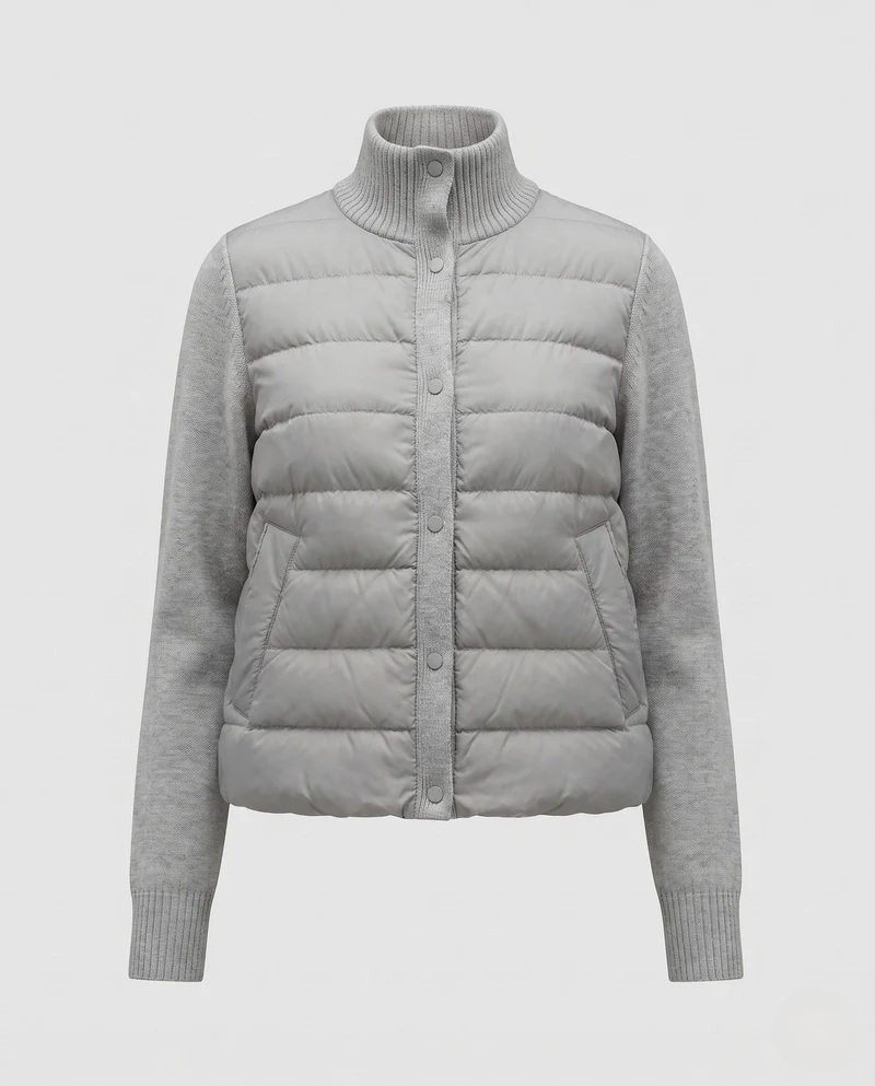 Damen kurze Stepp-Hybridjacke mit weichen Strickärmeln, Stehkragen und Druckknopfverschluss