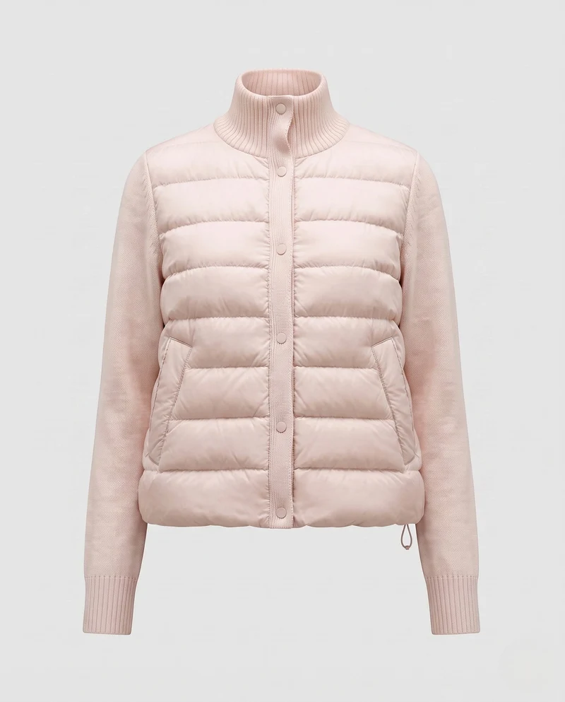 Damen kurze Stepp-Hybridjacke mit weichen Strickärmeln, Stehkragen und Druckknopfverschluss