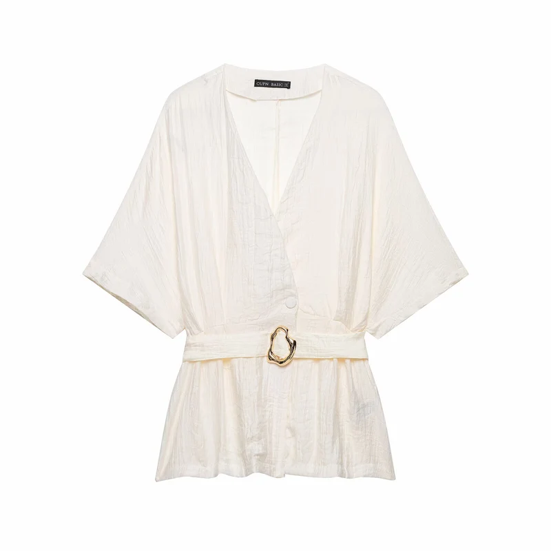 Damen Zweiteiler Kimono-Top mit Taillengürtel und weiter Bundfaltenhose Drune