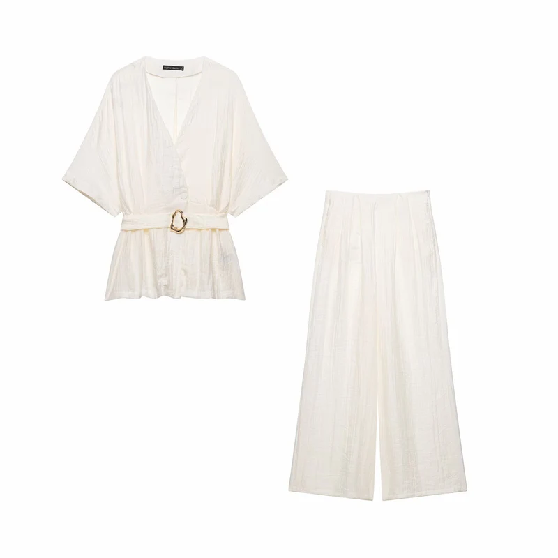 Damen Zweiteiler Kimono-Top mit Taillengürtel und weiter Bundfaltenhose Drune