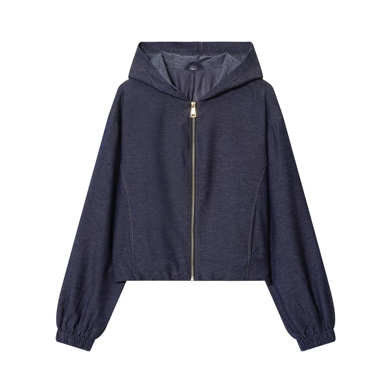 Damen Zweiteiler aus Denim‑Jersey Kapuzenjacke mit Reißverschluss und weiter Bundfaltenhose Drune