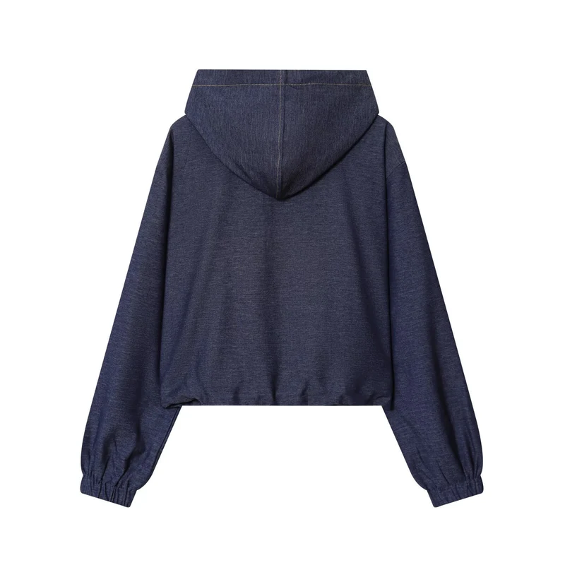 Damen Zweiteiler aus Denim‑Jersey Kapuzenjacke mit Reißverschluss und weiter Bundfaltenhose Drune