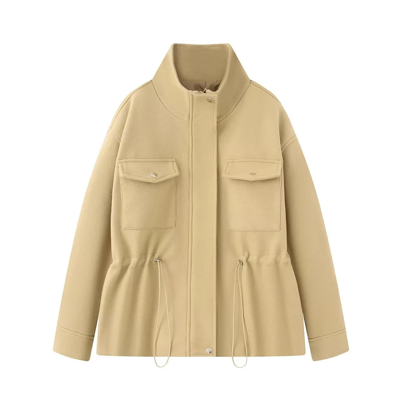 Damen Wollmix-Fieldjacke mit Stehkragen, aufgesetzten Brusttaschen und Kordelzug-Taille Drune