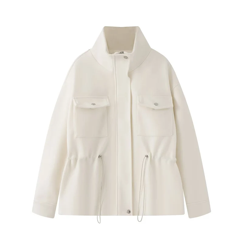 Damen Wollmix-Fieldjacke mit Stehkragen, aufgesetzten Brusttaschen und Kordelzug-Taille Drune