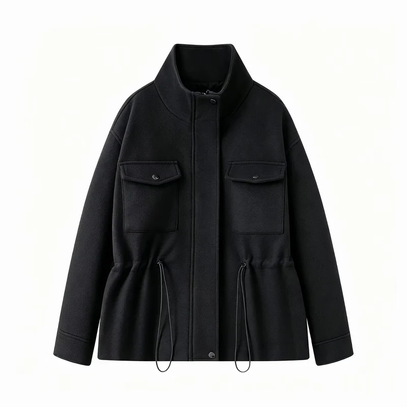 Damen Wollmix-Fieldjacke mit Stehkragen, aufgesetzten Brusttaschen und Kordelzug-Taille Drune