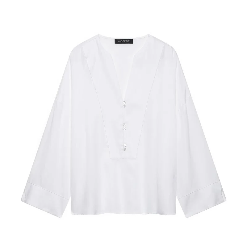 Damen Weites Tunika-Blusenshirt mit V‑Ausschnitt und halber Knopfleiste Drune