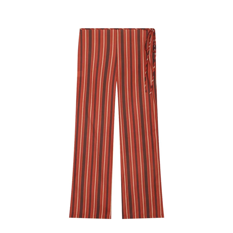 Damen Weite Highwaist-Hose mit vertikalen Streifen und seitlicher Bindeschlaufe Drune