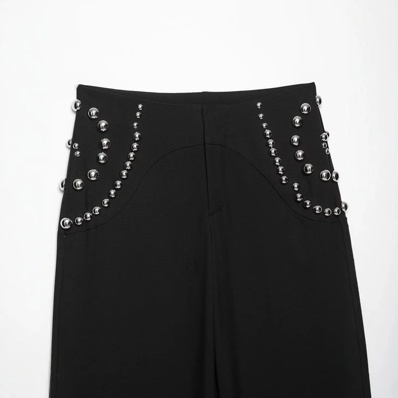 Damen Weite Highwaist-Hose mit Nietenbesatz und dekorativen Zierperlen Drune