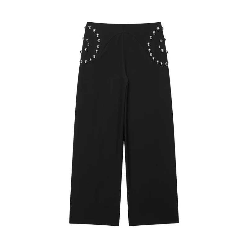 Damen Weite Highwaist-Hose mit Nietenbesatz und dekorativen Zierperlen Drune
