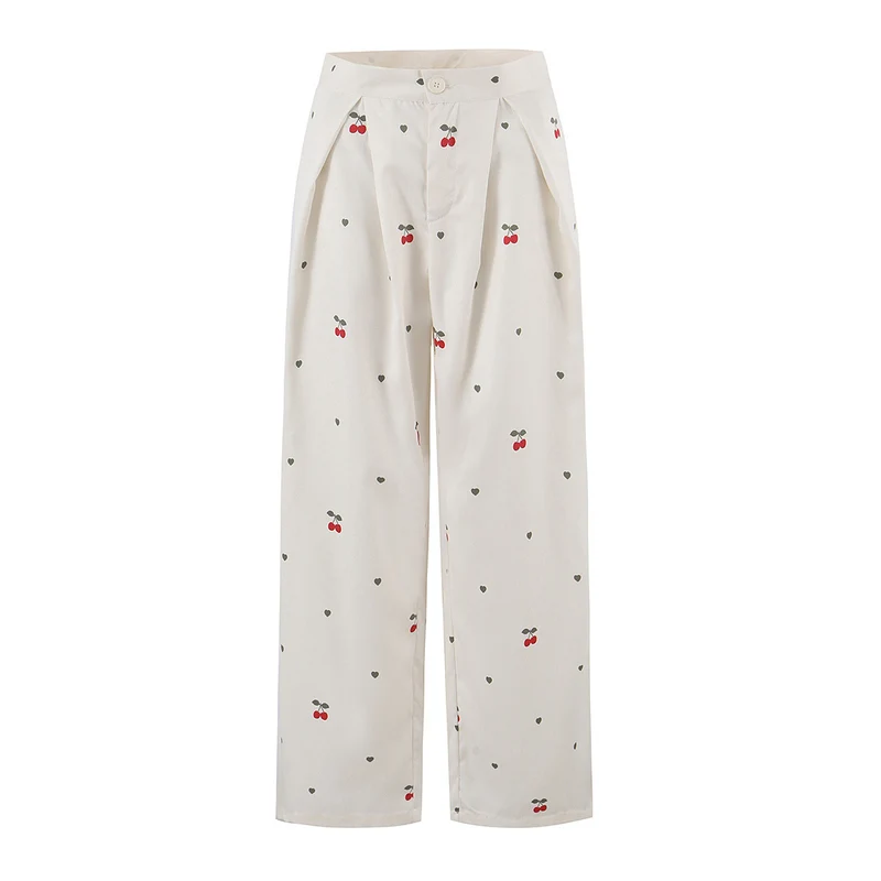 Damen weite High‑Waist Hose mit Kirschenprint und Bundfalten Drune