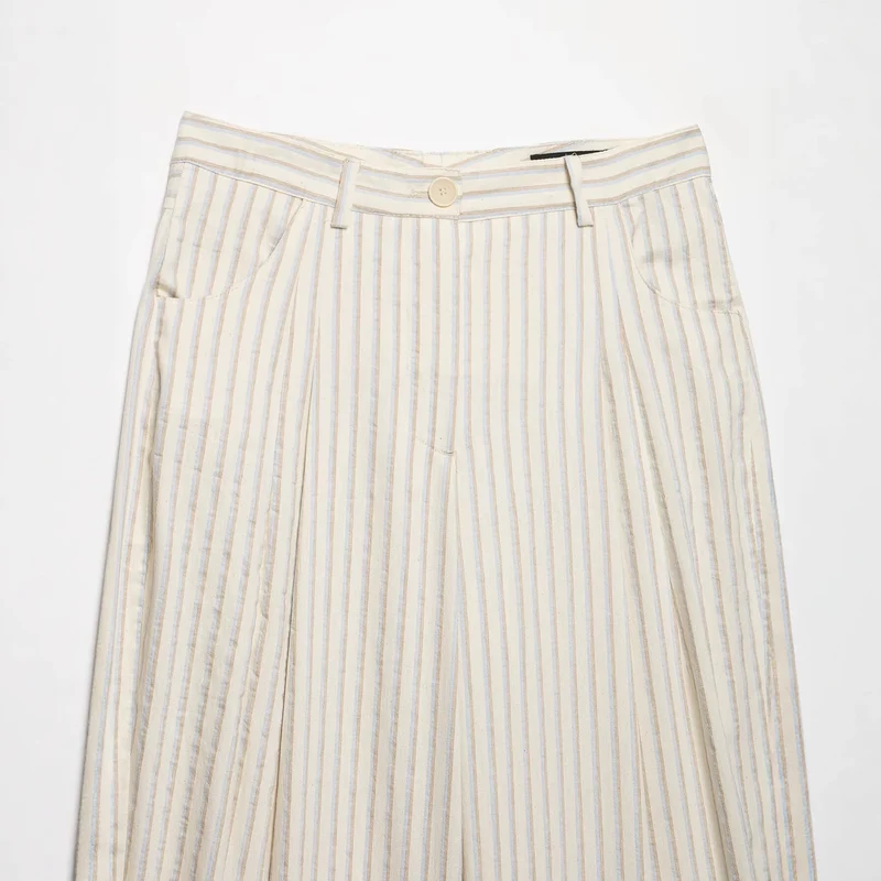 Damen Weite High‑Waist‑Hose aus leichter Baumwollmischung mit feinem Nadelstreifen und Bundfalten Drune